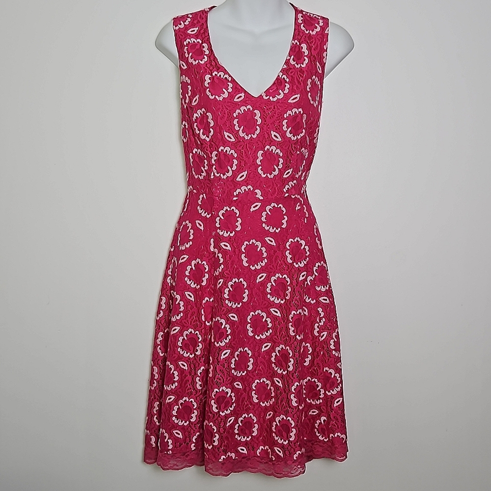 New York & Company Pink Fit & Flare Pink Lace Dress Size S